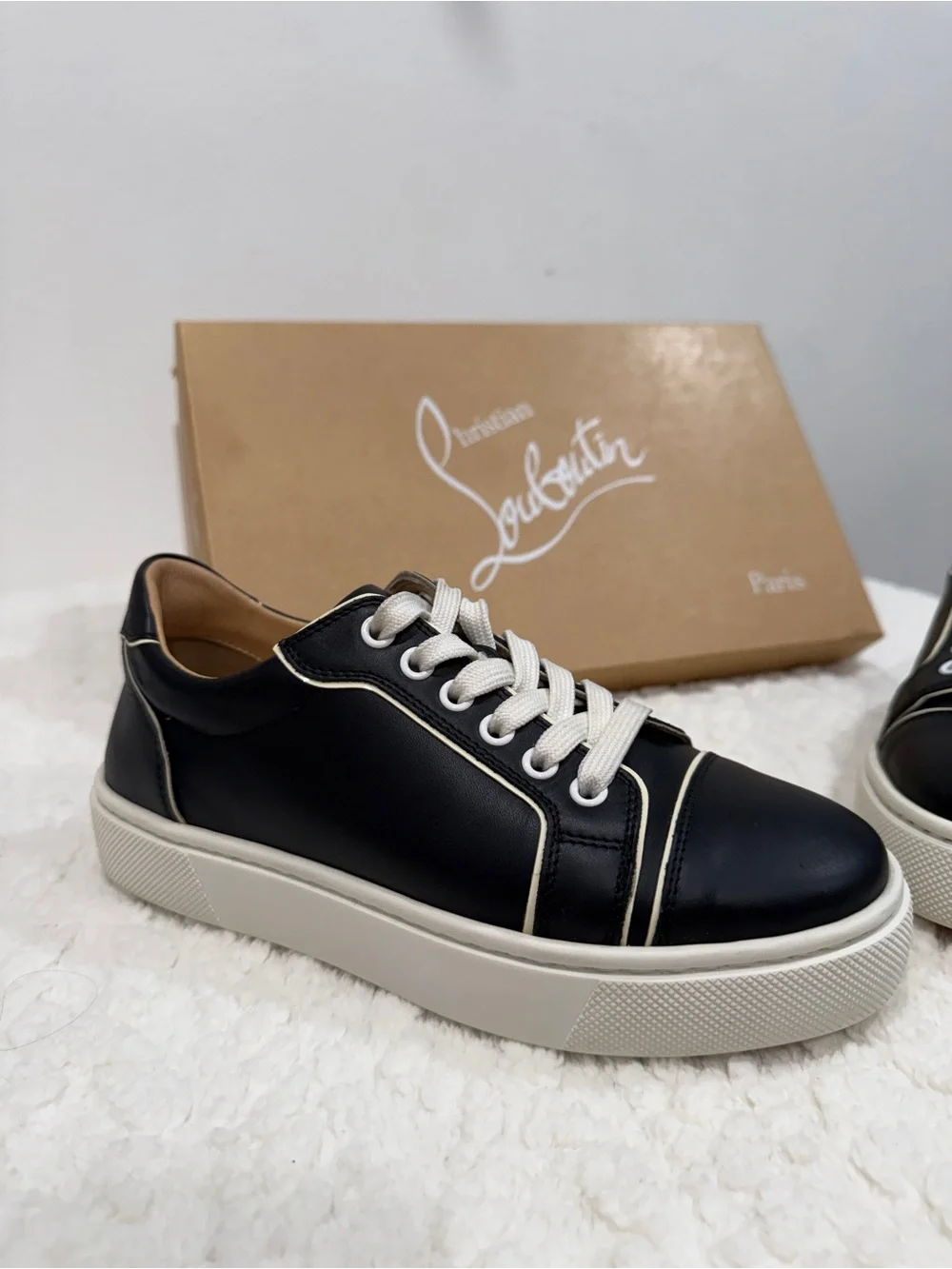 Women’s Christian Louboutin Black and White Low-Top Sneakers with Red Sole